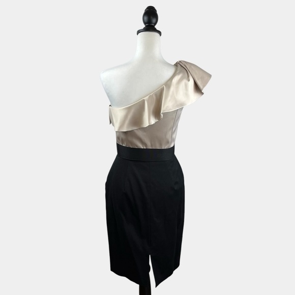 WHBM Cocktail Dress Size 2 One Shoulder Bodycon Ruffle Gold Black Belted Lined - Picture 5 of 13